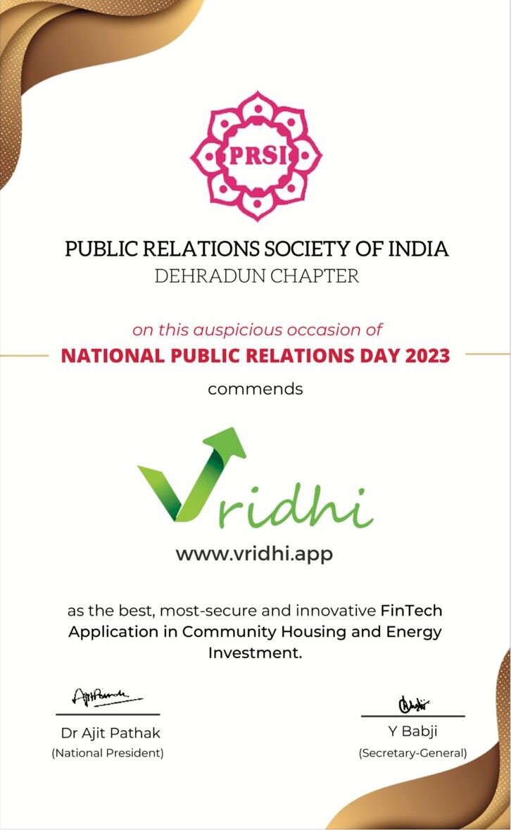 Vridhi Awarded as the best and most innovative Fintech app for Energy Investments and Community Housing on National PR Day 2023
