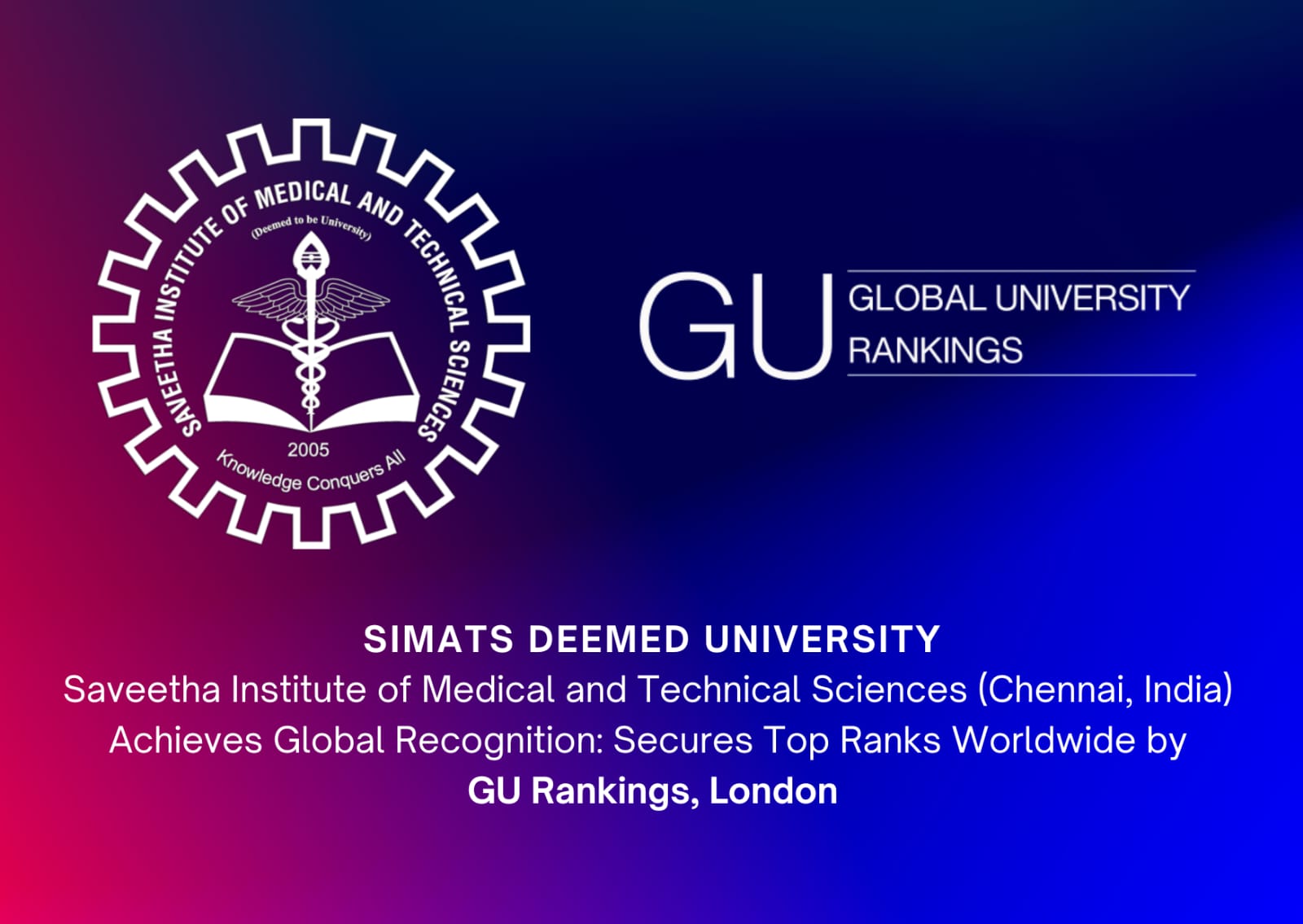 Saveetha (SIMTS) Rises in Global University Rankings, Securing Top 300 in Medicine, Life Sciences, and Law