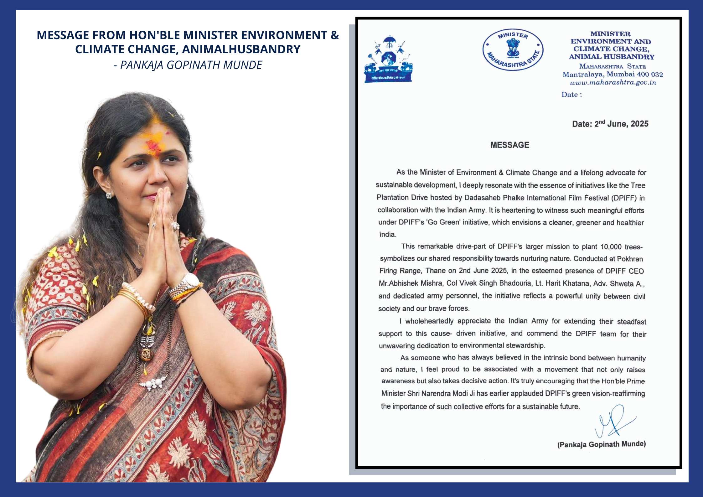 BJP National Secretary & Maharashtra Environment Minister Pankaja Munde Applauds DPIFF’s Green Initiative with Indian Army