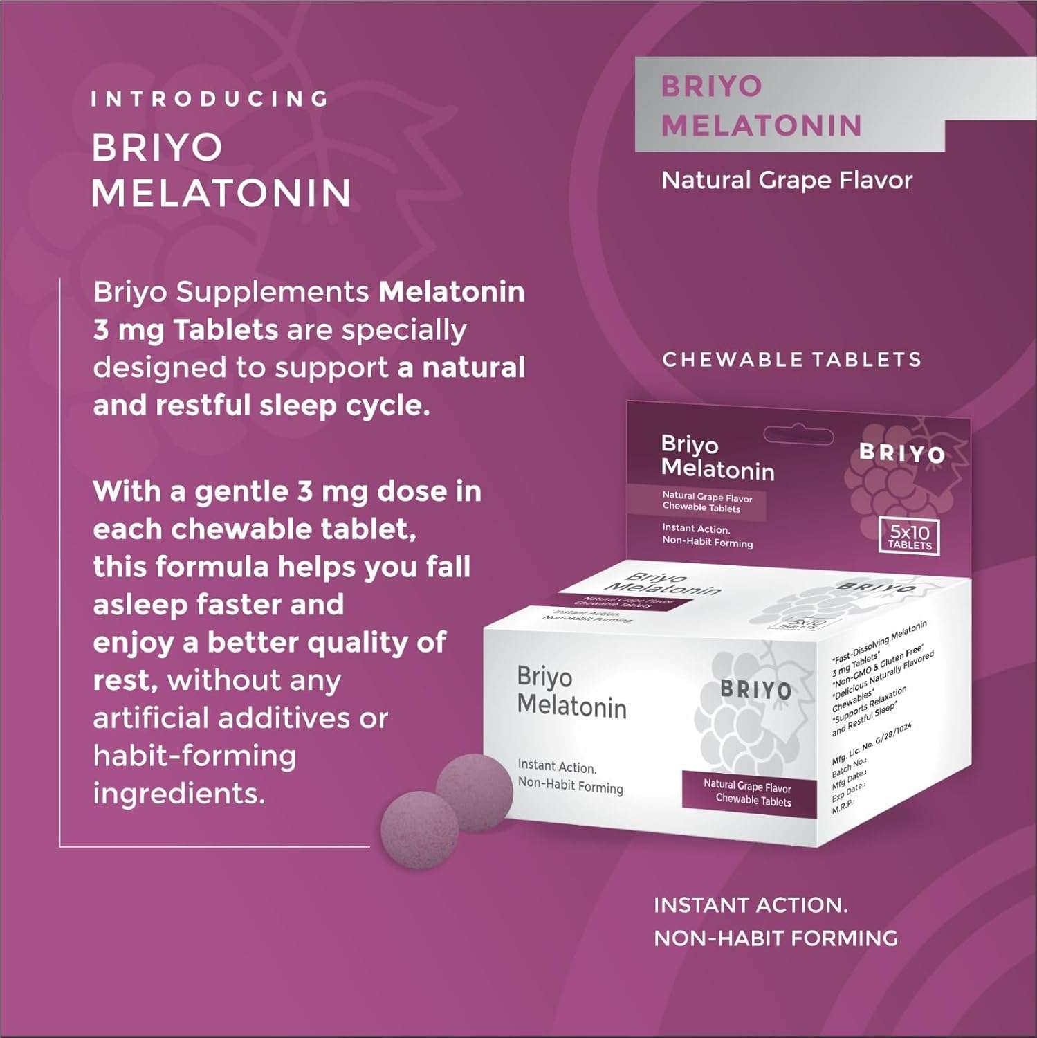 Introducing Briyo Melatonin Chewable Tablets: Naturally Grape Flavoured, for Better Sleep Support
