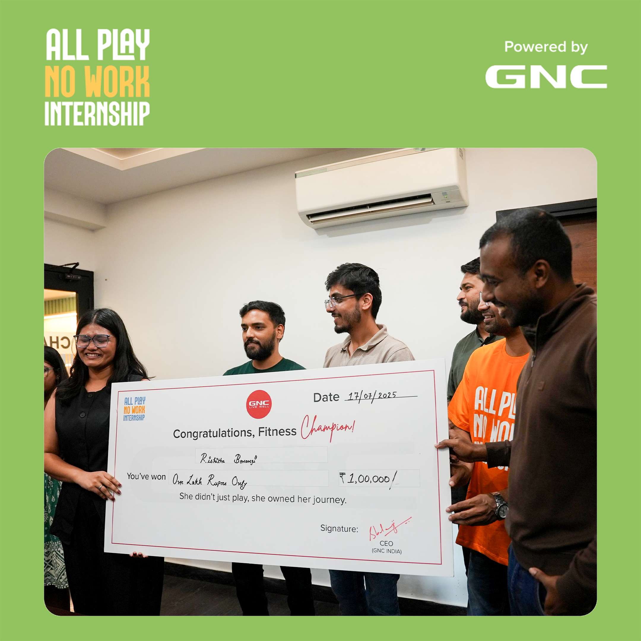 GNC India Crowns All Play No Work Internship Champion, Rishitha Devi Bonangi Transforms Herself and Wins ₹1 Lakh Cash Prize