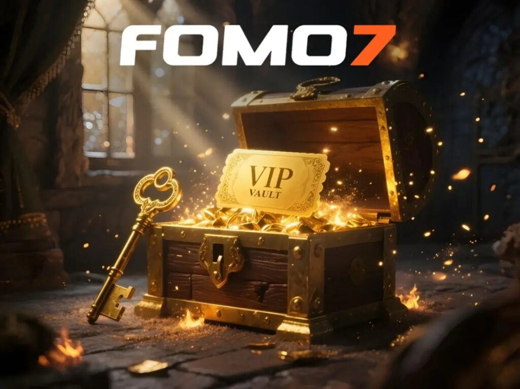 Golden treasure chest labeled VIP Vault overflowing with gold coins and a key, with FOMO7 logo above in a mystical vault setting