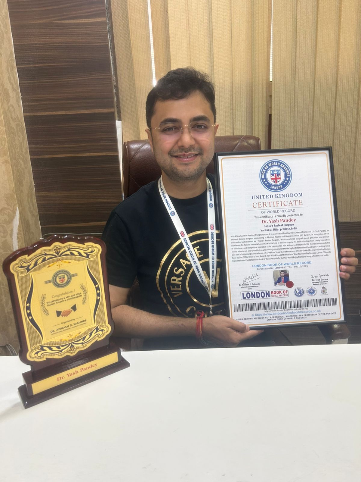 Dr. Yash Pandey Honoured by London Book of Records as India’s Fastest Surgeon