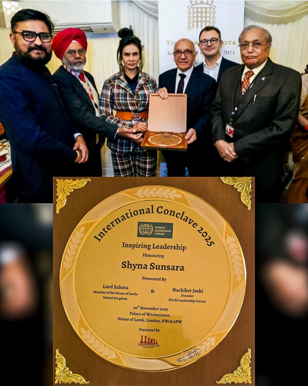 World Leadership Forum honored Ms. Shyna Sunsara, twin sister of Col. Sofiya Qureshi, Leadership Award at House of Lords, London.