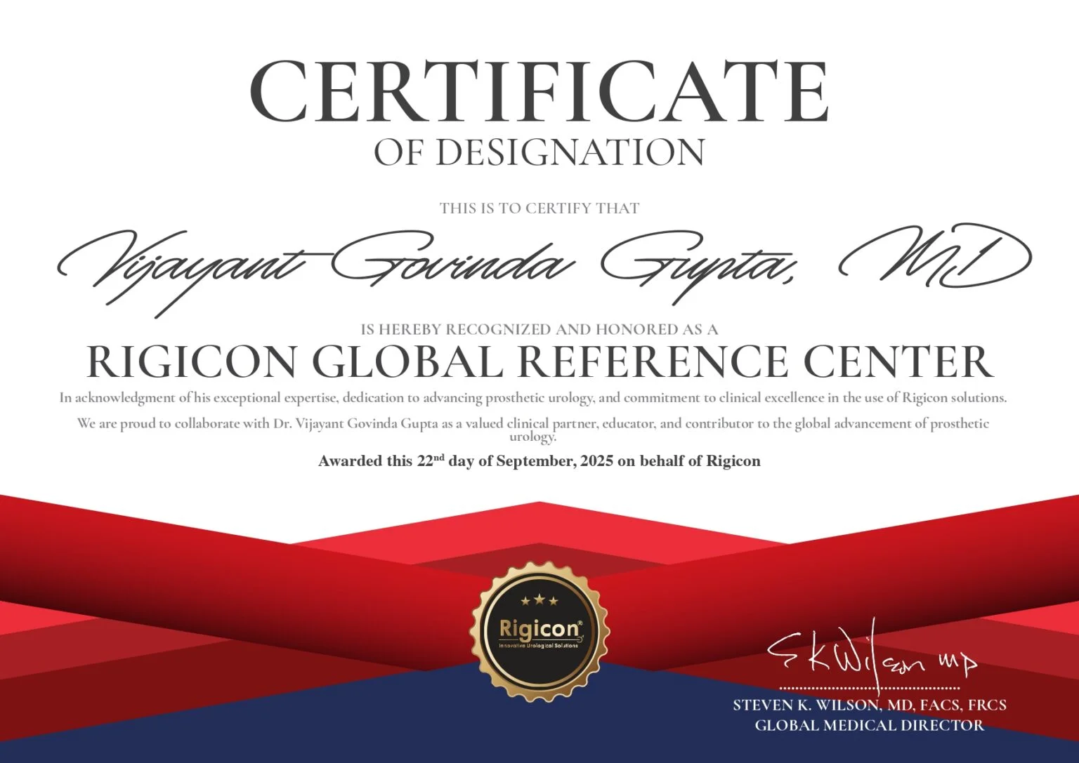 PIONEERING EXCELLENCE: Dr. Vijayant Govinda Gupta Becomes India’s First Ever Designated Rigicon® Global Reference Center